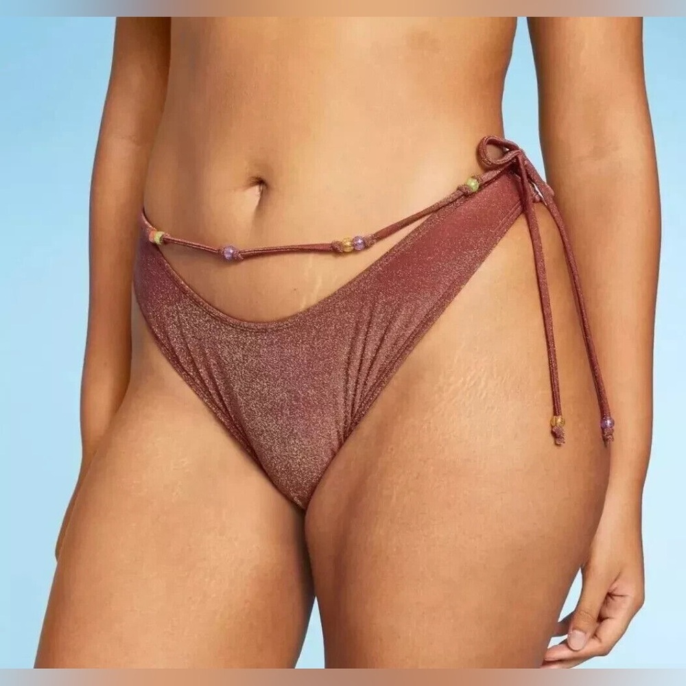 ✨Wild Fable Beaded Side-Tie Cheeky High Leg Bikini Metallic Brown Sz XL (16)